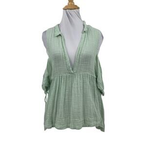 FP One Top Womens M Medium Mint Cold Shoulders Raw Hem Plunge V Neck Free People